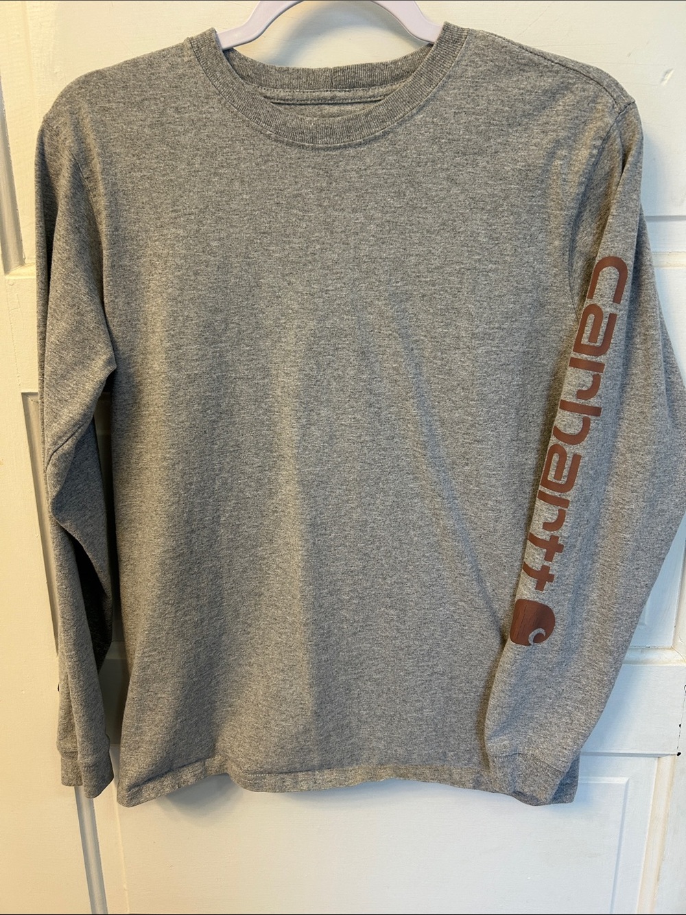 Carhartt Gray Long Sleeve Logo Tee with Brown Sleeve Print